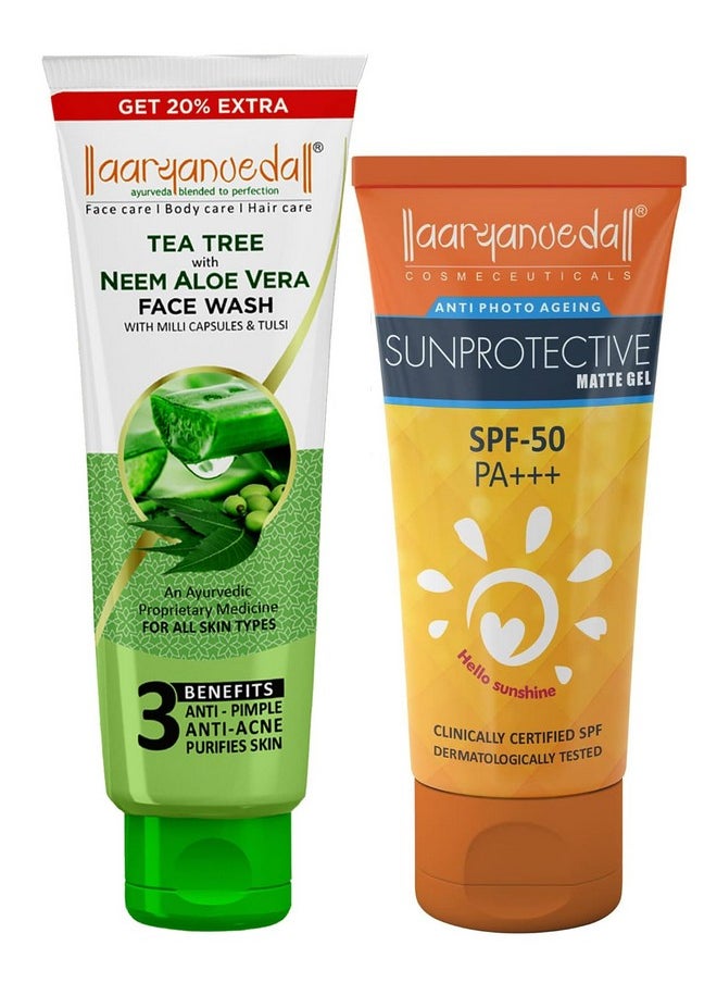 Aryanveda Tea Tree Face Wash Neem & Aloe Vera Extracts, 120ml And Sunscreen Lotion SPF 50, (60gm)