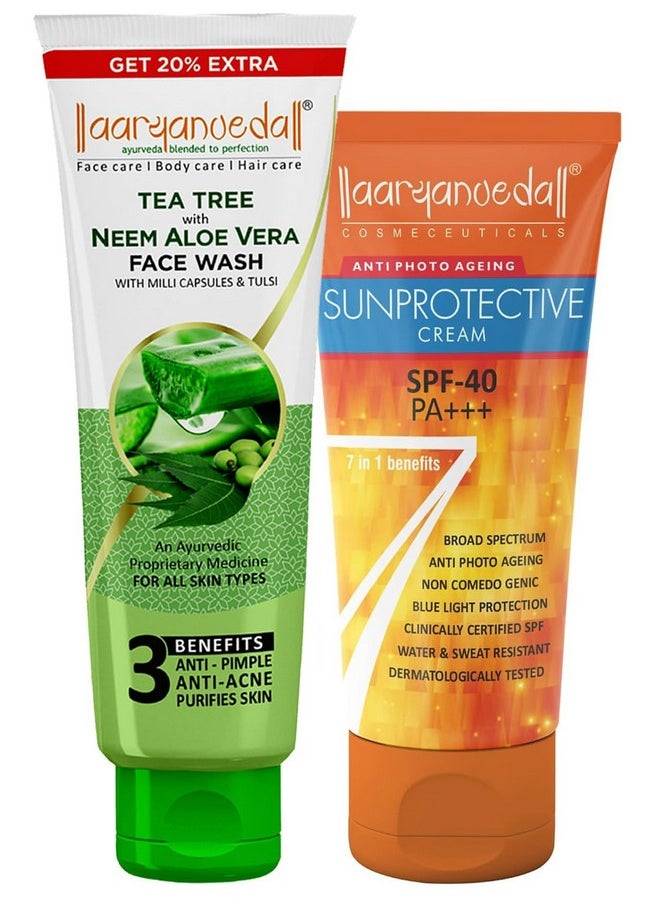 Aryanveda Tea Tree Face Wash With Neem & Aloe Vera Extracts 120g & Spf 40 Sunscreen Lotion 60g