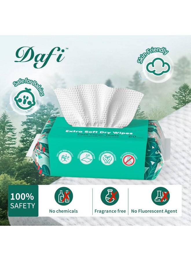 DAFI Disposable Face Towels, Dry Wipes 60 Count, Extra Thick Soft Facial Towels for Sensitive Skin, Makeup Removing, Cleansing, Nursing, Travel, 7×8 Inches