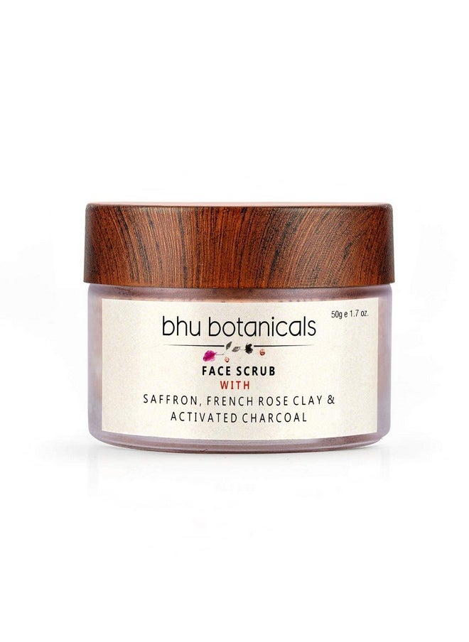 bhu botanicals Skin Brightening Face Scrub| Saffron | French Rose Clay | Activated Charcoal | Tan Removal | Deep Exfoliation | Oily to Normal skin | Dry to sensitive skin| 50 gm