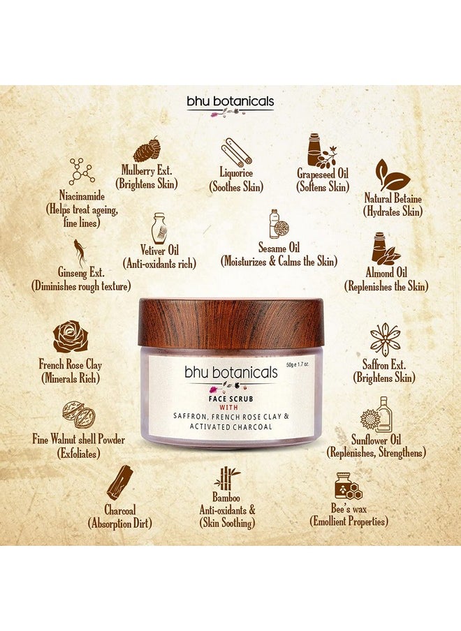 bhu botanicals Skin Brightening Face Scrub| Saffron | French Rose Clay | Activated Charcoal | Tan Removal | Deep Exfoliation | Oily to Normal skin | Dry to sensitive skin| 50 gm