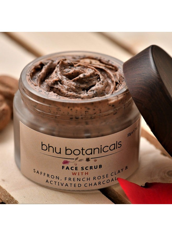 bhu botanicals Skin Brightening Face Scrub| Saffron | French Rose Clay | Activated Charcoal | Tan Removal | Deep Exfoliation | Oily to Normal skin | Dry to sensitive skin| 50 gm