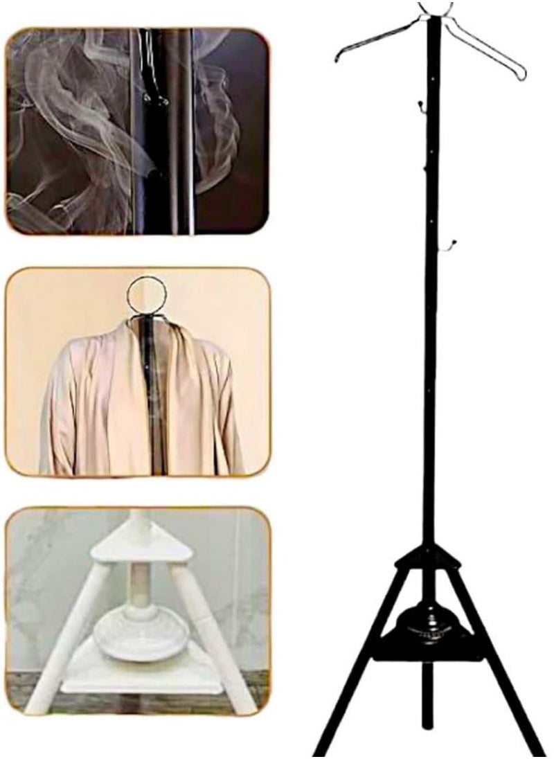 Multifunctional Standing Clothes Steamer with Integrated Incense Bukhoor Burner, Black Foldable Metal Frame Hanging Organizer for Coats, Robes, and Garments