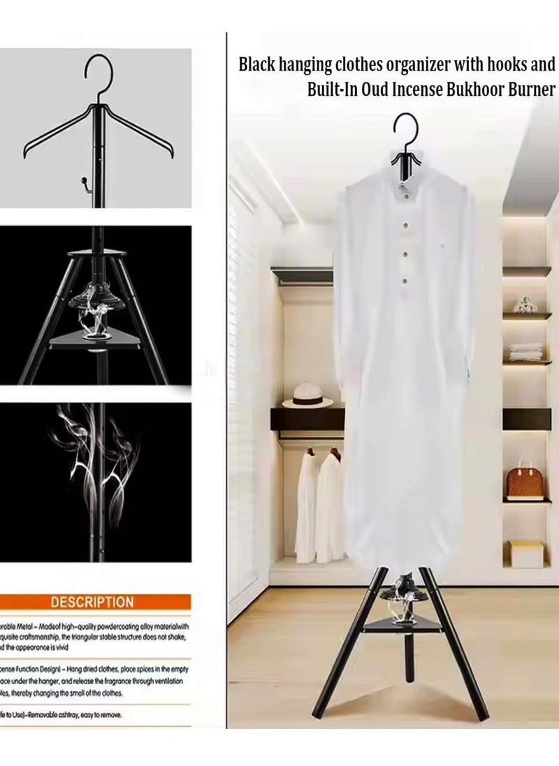 Multifunctional Standing Clothes Steamer with Integrated Incense Bukhoor Burner, Black Foldable Metal Frame Hanging Organizer for Coats, Robes, and Garments