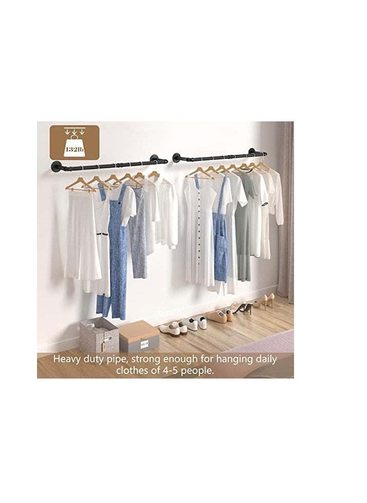 Wall Mounted Clothes Rack, Set of 2 Hanging Clothes Rack with 6 Hooks, 92CM Space-Saving Industrial Pipe Garment Rack Heavy Duty Detachable Clothing Bar Multi-Purpose Hanging Rod for Closet