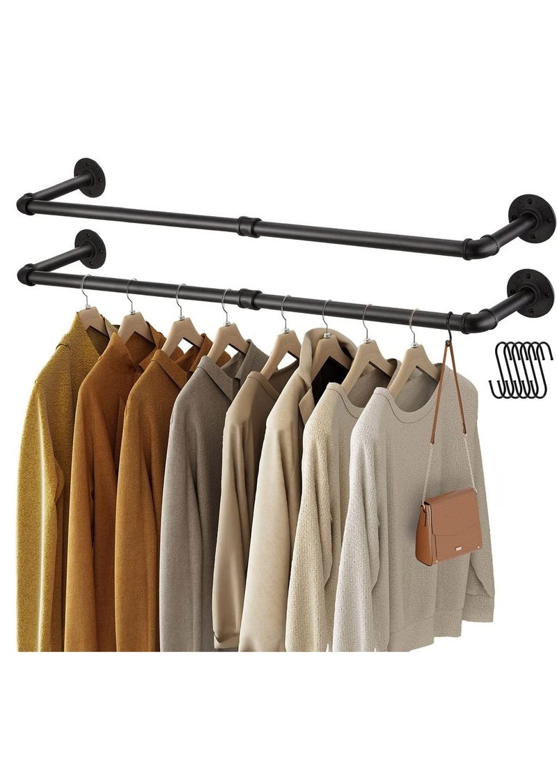 Wall Mounted Clothes Rack, Set of 2 Hanging Clothes Rack with 6 Hooks, 92CM Space-Saving Industrial Pipe Garment Rack Heavy Duty Detachable Clothing Bar Multi-Purpose Hanging Rod for Closet