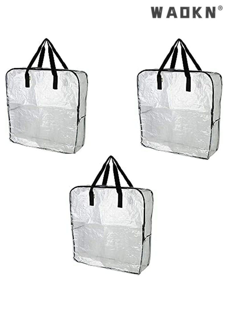 3 Pack Heavy Duty Extra Large Clear Moving Bags W/Backpack Straps Strong Handles And Zippers, Storage Totes For Space Saving, Fold Flat, Alternative to Moving Box (Clear)