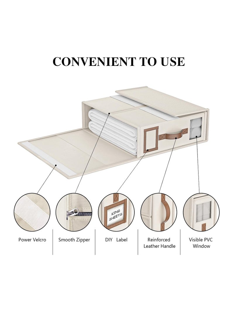 Bed Sheet Organizers And Storage - 4-Pack Foldable Linen Closet Organizer With Clear Window, Sheets Set Folder Keeper, Bedding Storage Box For Bed Sheets And Pillows, Cube Organizer (BEIGE)