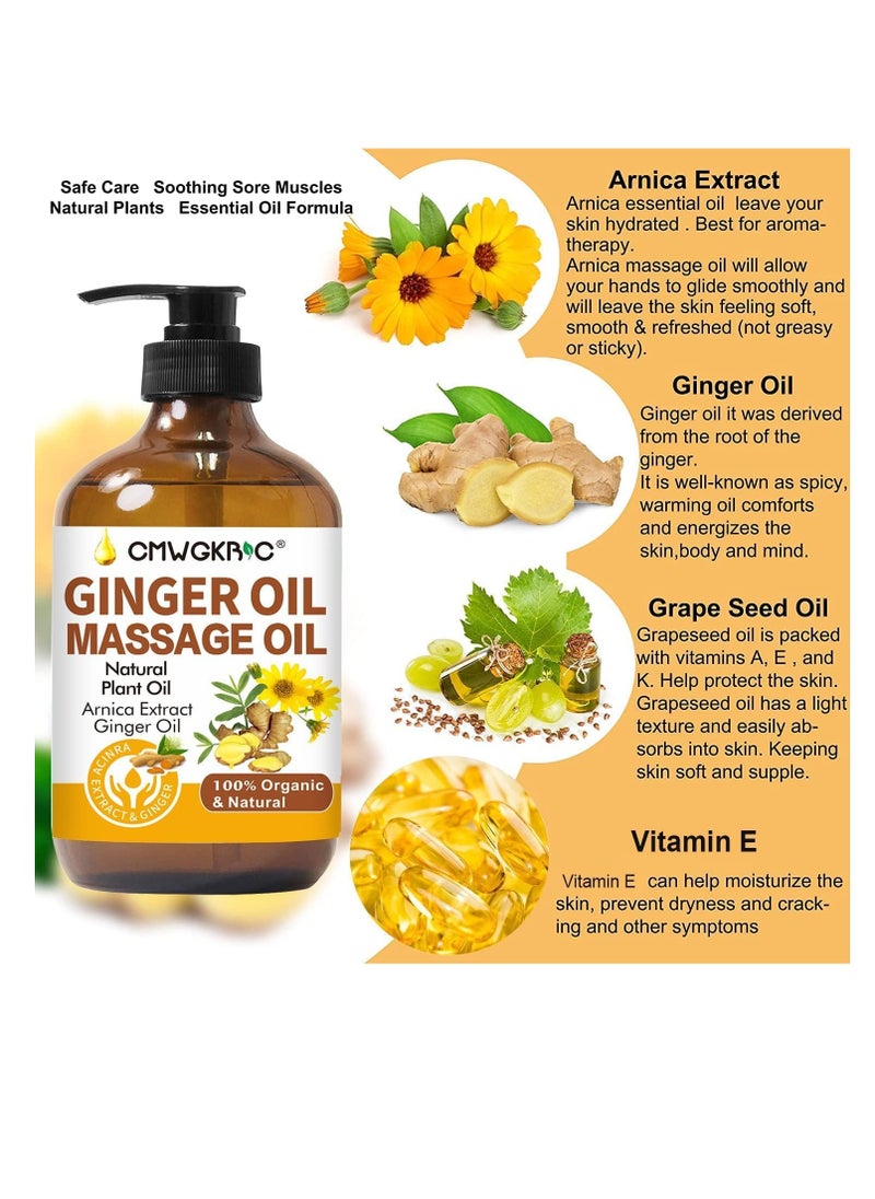 Ginger Oil,Ginger Massage Oil for Lymphatic Drainage,Arnica Oil,100% Natural Massage Oil with Grape Seed Oil Arnica Extract,Vitamin E Oil and Ginger Oil-Warming and Relaxing