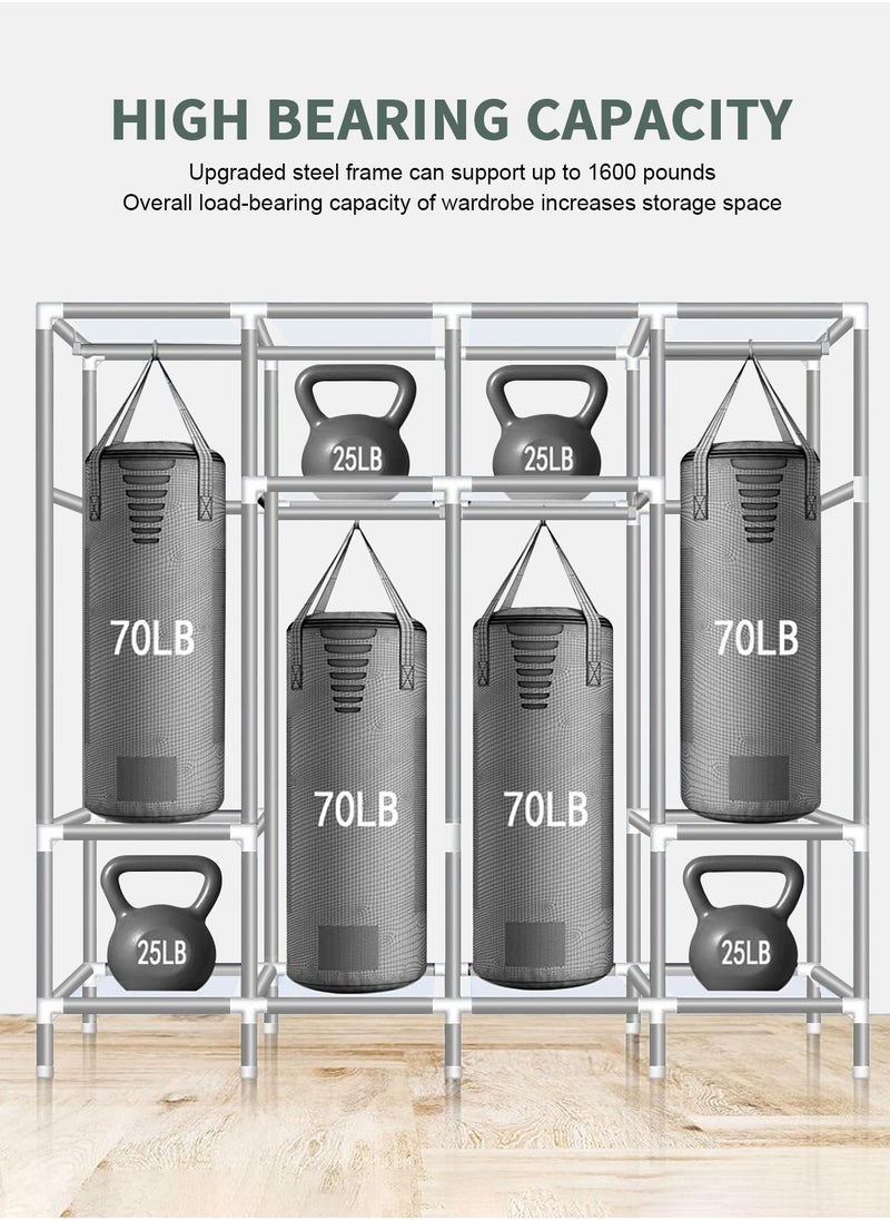 Portable Closet, 79.1 Inch/201cm Wardrobe Closet for Hanging Clothes with 4 Hanging Rods, 25mm Steel Tube Clothes Storage Organizer for Extra Sturdy, Quick and Easy to Assembly, Gray Cover