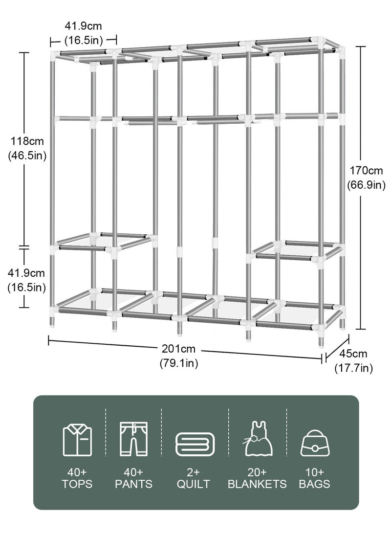 Portable Closet, 79.1 Inch/201cm Wardrobe Closet for Hanging Clothes with 4 Hanging Rods, 25mm Steel Tube Clothes Storage Organizer for Extra Sturdy, Quick and Easy to Assembly, Gray Cover