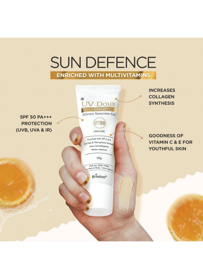 Brinton UV Doux Gold Silicone Sunscreen Gel SPF 50 PA+++ Enriched With Vitamin C & E | Water Resistant, Oil Free & Non- Greasy | UVA/UVB With Broad Spectrum, 50 g x Pack of 3