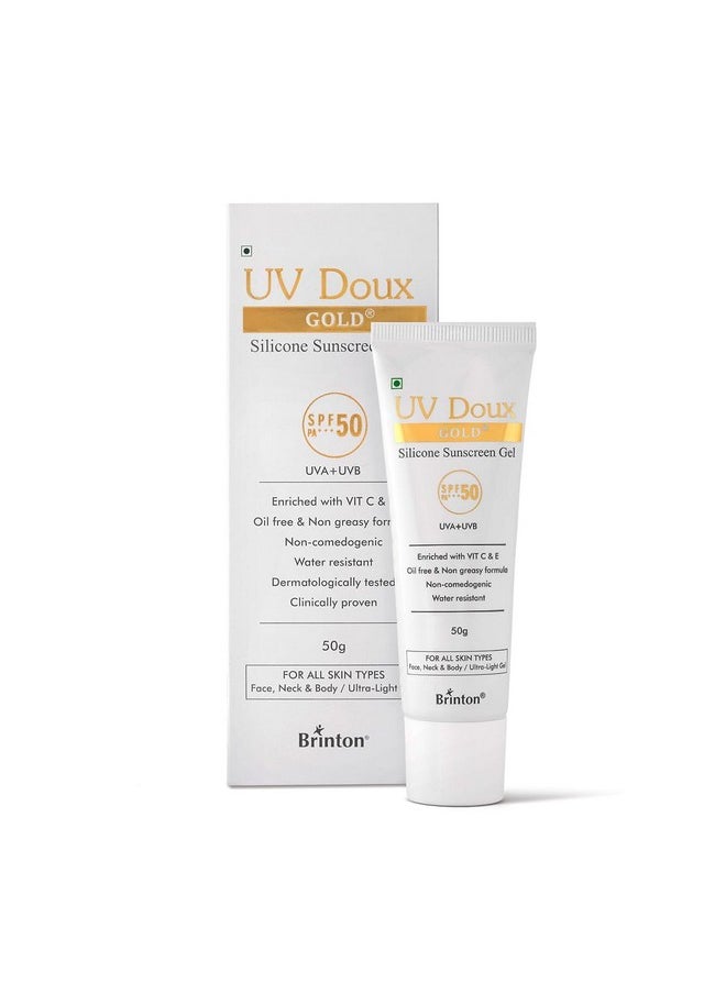 Brinton UV Doux Gold Silicone Sunscreen Gel SPF 50 PA+++ Enriched With Vitamin C & E | Water Resistant, Oil Free & Non- Greasy | UVA/UVB With Broad Spectrum, 50 g x Pack of 3