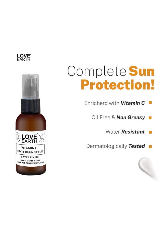 Love Earth Vitamin C Sunscreen SPF-50 For Sun's UVA, UVB Ray Protection With Vitamin C & Essential Oils For All Skin Types 50ml