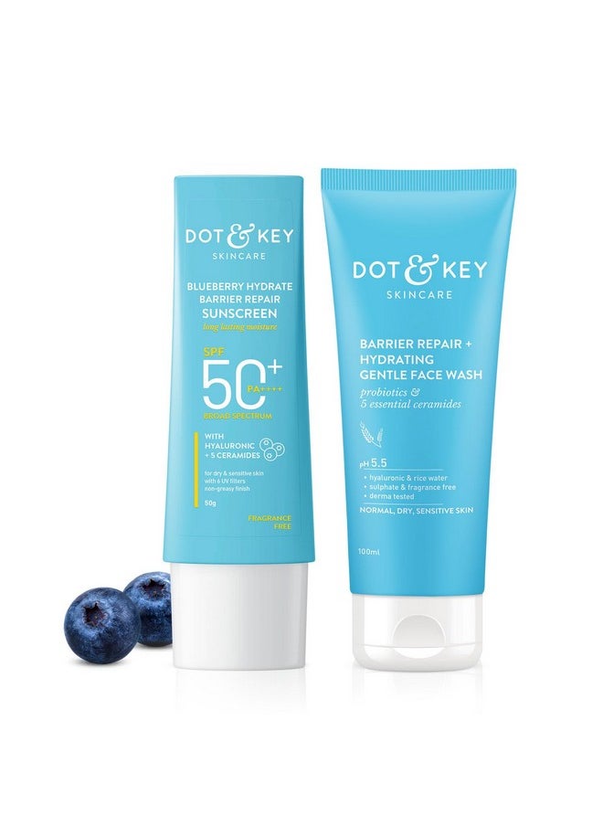 Dot & Key Barrier Repair + Hydrating Gentle Face Wash 100ml & Dot & Key Blueberry Hydrate Barrier Repair Sunscreen SPF 50+ PA++++ 50g | Skin Care Combo | For Dry & Sensitive Skin | For Women & Men