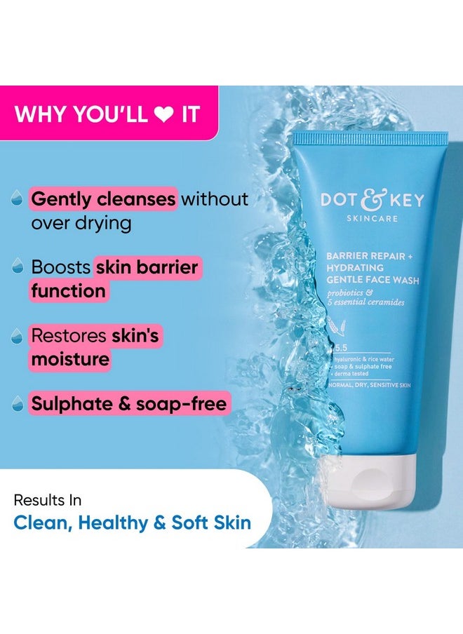 Dot & Key Barrier Repair + Hydrating Gentle Face Wash 100ml & Dot & Key Blueberry Hydrate Barrier Repair Sunscreen SPF 50+ PA++++ 50g | Skin Care Combo | For Dry & Sensitive Skin | For Women & Men