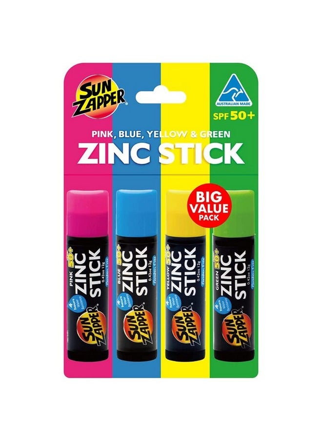 Sun Zapper Zinc Oxide Mineral Sunscreen Stick (Pink, Blue, Green, Yellow) SPF 50+ Water Resistant for Face & Body, Adults, Kids, 4-Pack Broad Spectrum Sun Block, Made in Australia