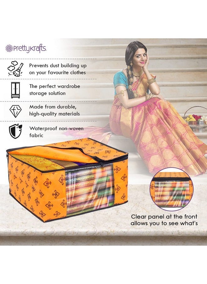PrettyKrafts Saree Cover Set of 3 Large Flower Prints/Wardrobe Organiser/Clothes Bag_Orange