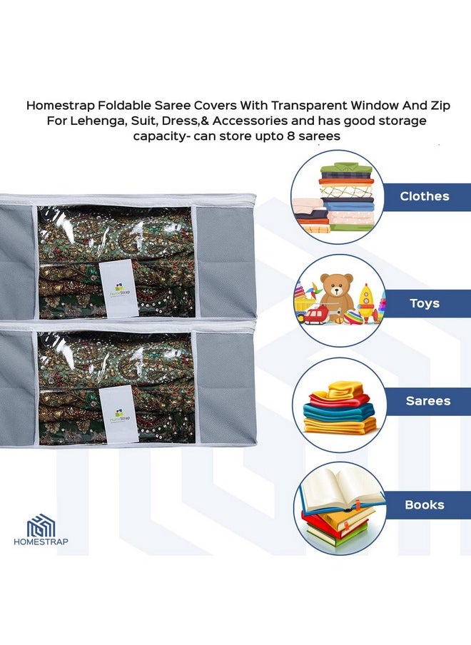 Homestrap set of 6 Foldable Saree Covers/Clothes Storage Bag/Wardrobe Organizer With Transparent Window And Zip For Lehenga, Suit, Dress,& Accessories (Grey)(Featured on Shark Tank), Polypropylene