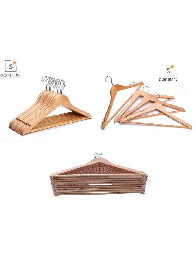STAR WORK Solid Wood Natural Finish Garment Hangers With Non-Slip Bar And Precisely Cut Notches, 360 Degree Swivel Chrome Hook (18 Pieces)