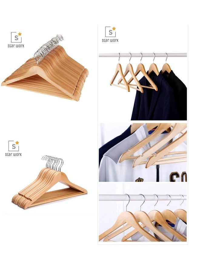 STAR WORK Solid Wood Natural Finish Garment Hangers With Non-Slip Bar And Precisely Cut Notches, 360 Degree Swivel Chrome Hook (18 Pieces)