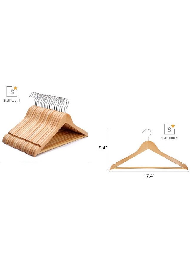 STAR WORK Solid Wood Natural Finish Garment Hangers With Non-Slip Bar And Precisely Cut Notches, 360 Degree Swivel Chrome Hook (18 Pieces)