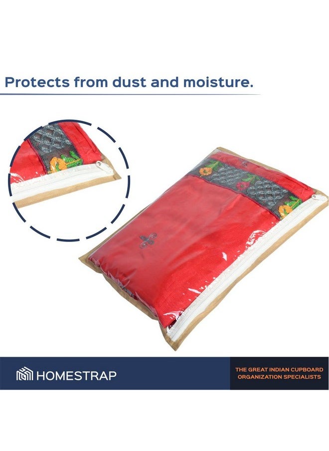 HomeStrap Polypropylene Set Of 24 Foldable Single Saree Covers/Clothes Storage Bag/Wardrobe Organizer With Transparent Top And Zip For Lehenga,Suit,Dress,& Accessories(Beige)(Featured On Shark Tank)