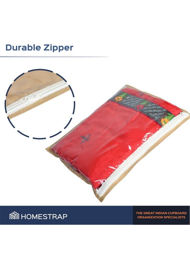 HomeStrap Polypropylene Set Of 24 Foldable Single Saree Covers/Clothes Storage Bag/Wardrobe Organizer With Transparent Top And Zip For Lehenga,Suit,Dress,& Accessories(Beige)(Featured On Shark Tank)