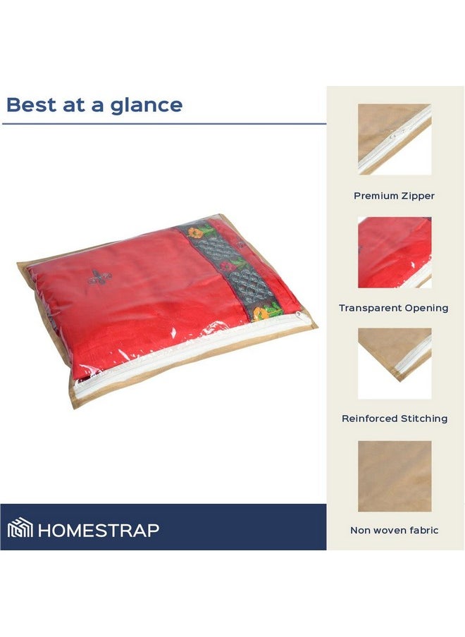 HomeStrap Polypropylene Set Of 24 Foldable Single Saree Covers/Clothes Storage Bag/Wardrobe Organizer With Transparent Top And Zip For Lehenga,Suit,Dress,& Accessories(Beige)(Featured On Shark Tank)