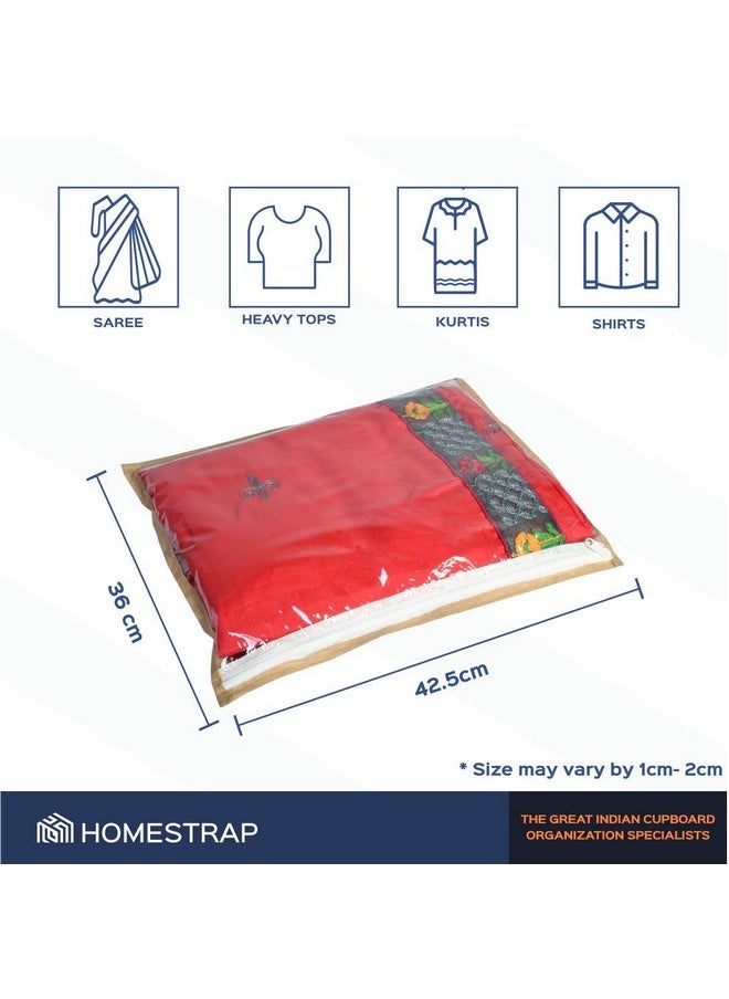 HomeStrap Polypropylene Set Of 24 Foldable Single Saree Covers/Clothes Storage Bag/Wardrobe Organizer With Transparent Top And Zip For Lehenga,Suit,Dress,& Accessories(Beige)(Featured On Shark Tank)