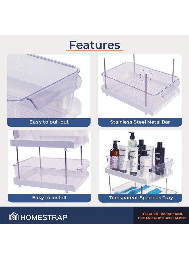 HomeStrap Plastic Multipurpose Trio Stack Space Saving Storage Rack / 3 Tier Shelf Organiser For Kitchen And Bathroom/Under The Sink(Colour: White/Clear)