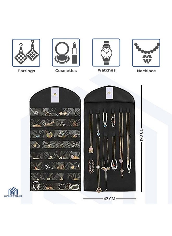 Homestrap Hanging Non-Woven Double Sided 32 Pockets in Front and 18 Hook and Loops in Back Jewellery Organizer Without Hanger (Black) - Pack of 2