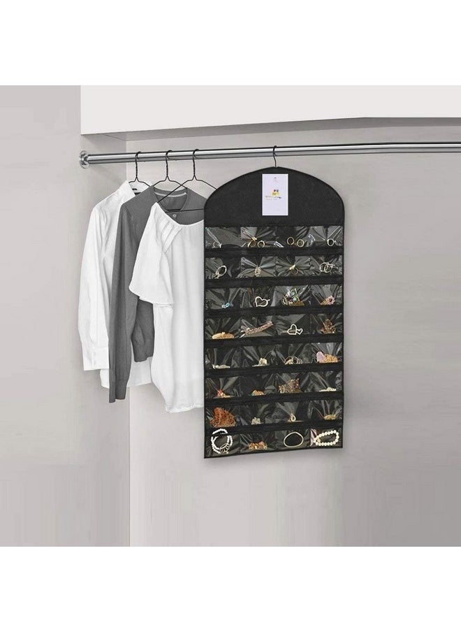Homestrap Hanging Non-Woven Double Sided 32 Pockets in Front and 18 Hook and Loops in Back Jewellery Organizer Without Hanger (Black) - Pack of 2