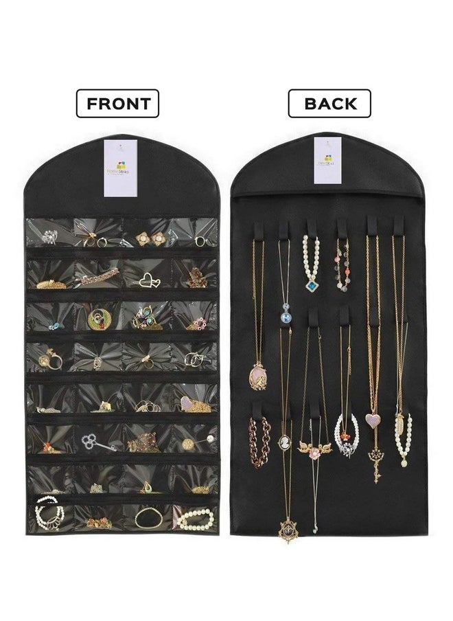 Homestrap Hanging Non-Woven Double Sided 32 Pockets in Front and 18 Hook and Loops in Back Jewellery Organizer Without Hanger (Black) - Pack of 2