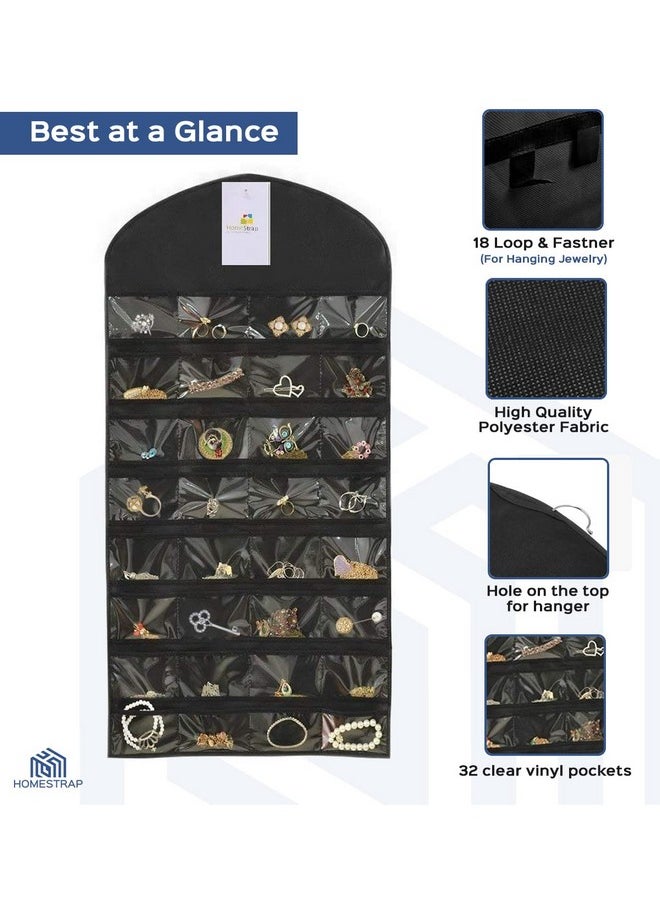 Homestrap Hanging Non-Woven Double Sided 32 Pockets in Front and 18 Hook and Loops in Back Jewellery Organizer Without Hanger (Black) - Pack of 2