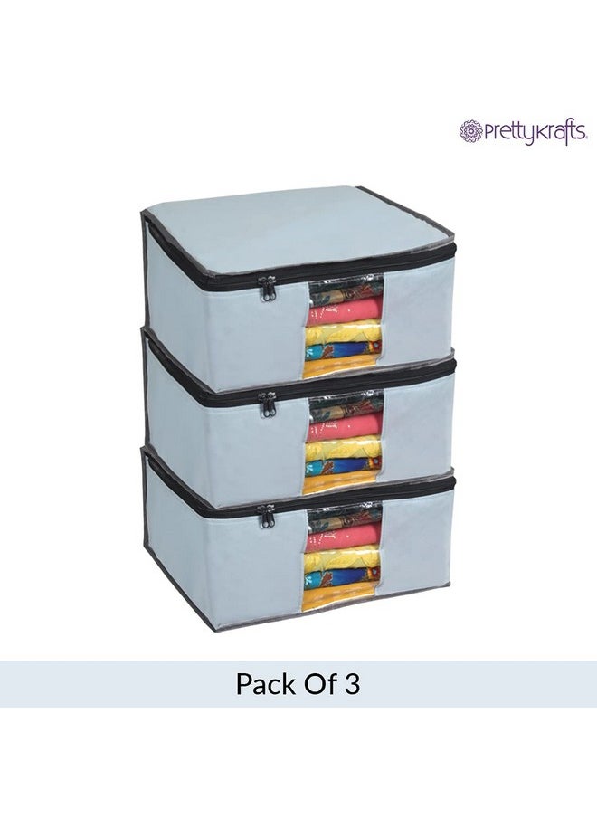 Prettykrafts Set of 3 Non Woven Foldable Saree Cover/Cloth Storage Bag/Wardrobe Organizer with Zip & Transparent Window For Lehenga, Shirts, Salwar Suits, Dress & Accessories (Grey, 40 x 35 x 19.5cm)