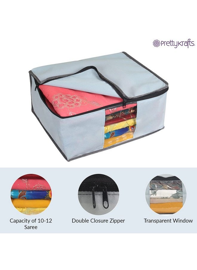 Prettykrafts Set of 3 Non Woven Foldable Saree Cover/Cloth Storage Bag/Wardrobe Organizer with Zip & Transparent Window For Lehenga, Shirts, Salwar Suits, Dress & Accessories (Grey, 40 x 35 x 19.5cm)