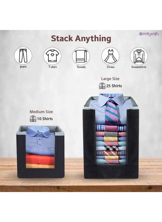 PrettyKrafts 1 Pc Non Woven Large Capacity Shirt Stacker / Foldable & Stackable Closet Wardrobe Cupboard Organizer / Foldable Storage Box / Multipurpose Clothes Organizer (Grey & Black, 25x38x40 cm)