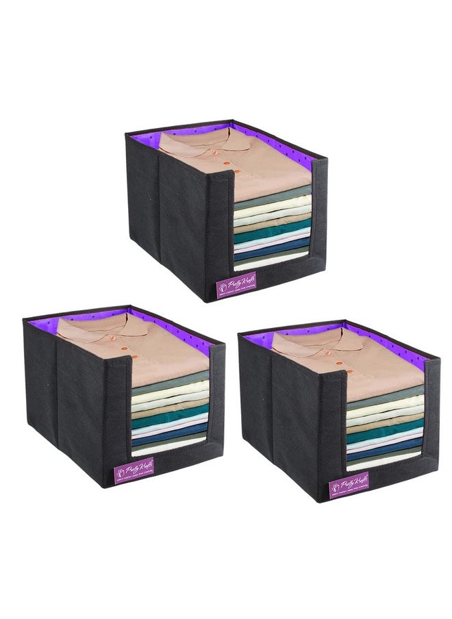 PrettyKrafts 3 Pcs Non Woven Large Capacity Shirt Stacker / Foldable & Stackable Closet Wardrobe Cupboard Organizer / Foldable Storage Box / Multipurpose Clothes Organizer (Purple, 26x40x26 cm)