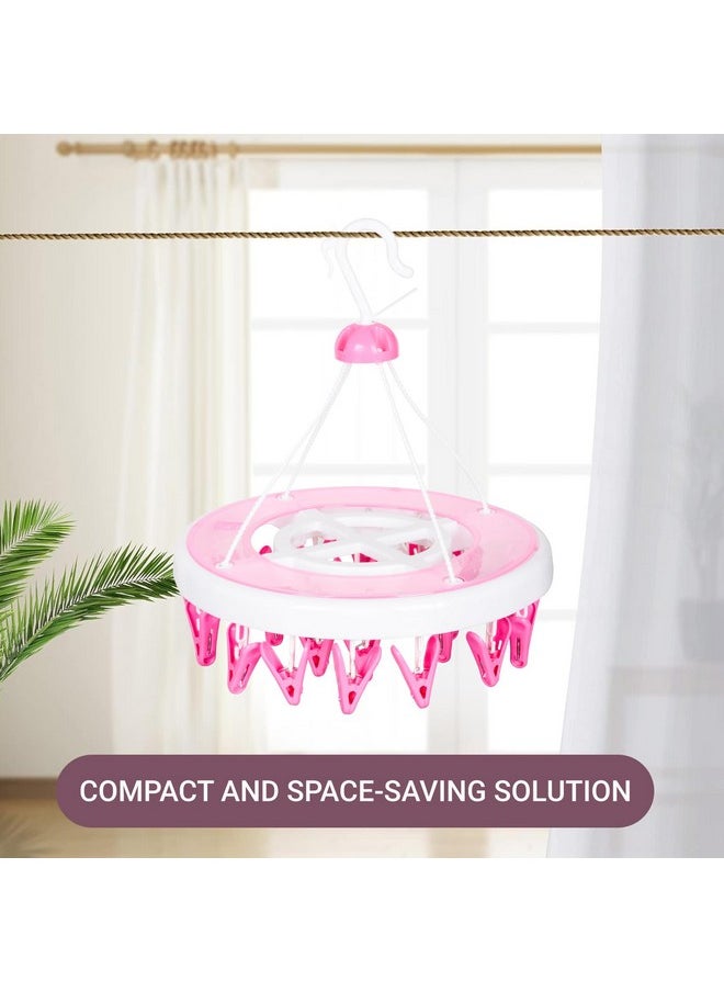 Kuber Industries Cloth Drying Hanger | 24 Clips Cloth Hanger | Cloth Drying Stand | Baby Cloth Drying Pegs | Clothes Hanger Pegs | Round Cloth Drying Clips | Transparent Pink