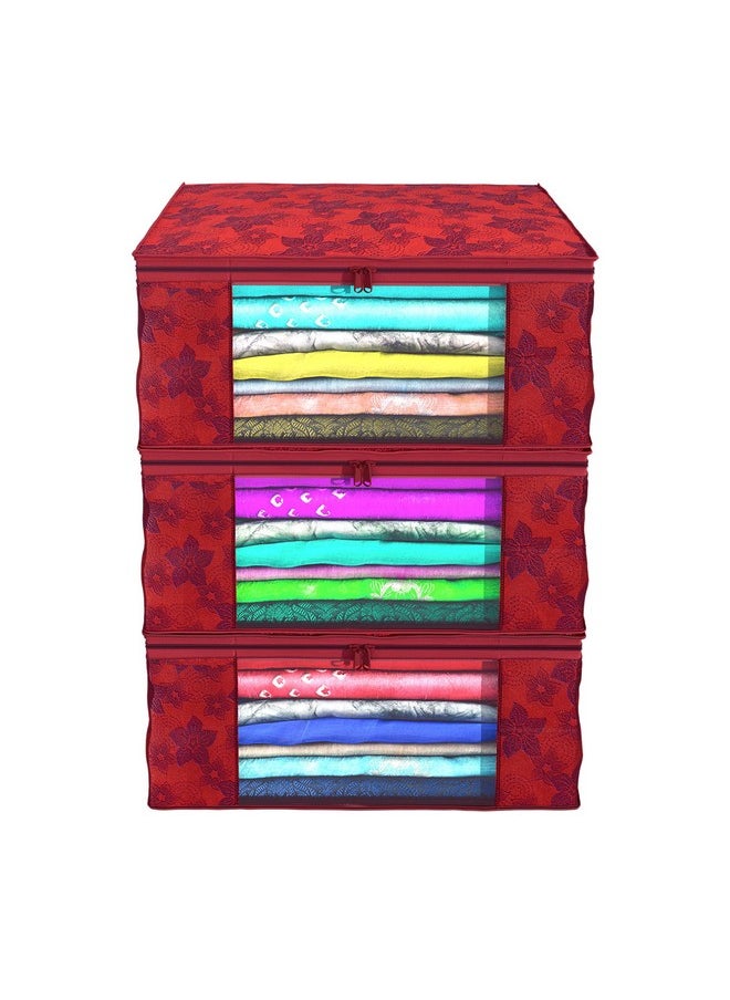 Kuber Industries Clothes Organizer For Wardrobe (Pack of 3) - Storage Organizer For Saree | Shirts | Lehanga | Clothes - Dress Organizer For Wardrobe - Saree Covers With Zip (Printed) (Red)