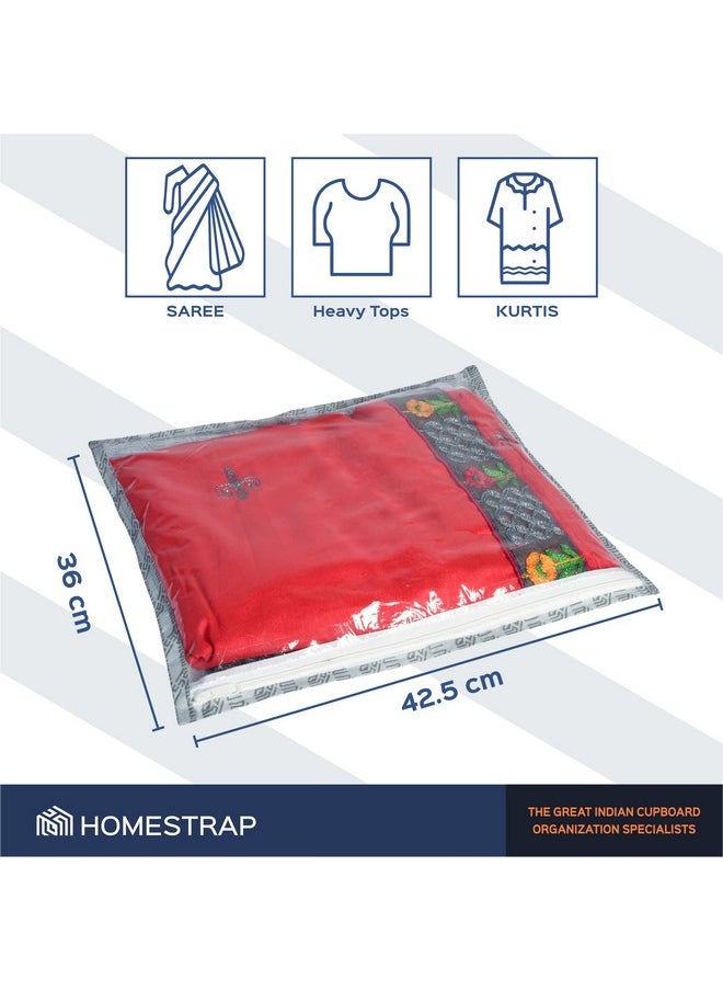 Homestrap Set of 10 Printed Single Saree Cover/Clothes Storage Bags/Wardrobe Organiser with Transparent Top (Grey, Non-Woven)