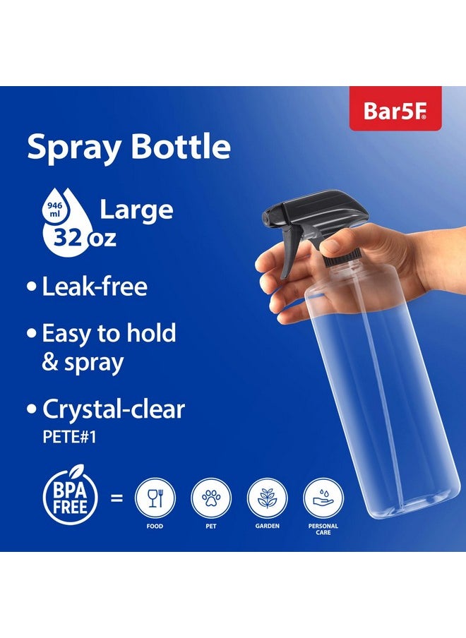 Bar5F Plastic Spray Bottles with Mixor Trigger, 32 oz | Professional, Leak Proof, Empty, Adjustable Fine to Powerful Sprayer, Refillable | Water Plants, Cleaning Solutions | Crystal Clear | Pack of 3