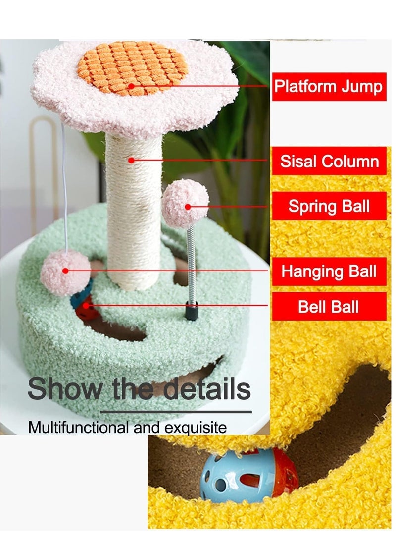 Multifunctional Flower Cat Tree with Sisal Scratching Post, Hanging Toys Including Spring Ball and Ring Bell, Designed for Indoor Cats