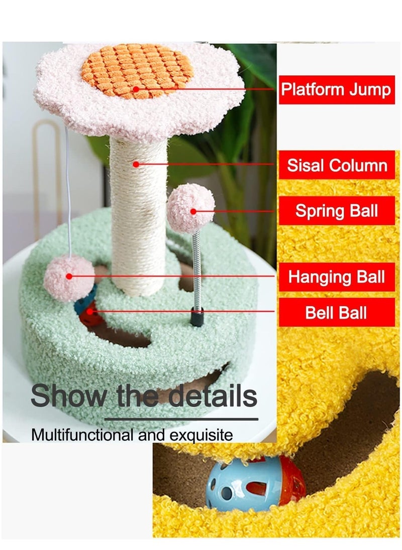 Multifunctional Flower Cat Tree with Sisal Scratching Post, Hanging Toys Including Spring Ball and Ring Bell, Designed for Indoor Cats