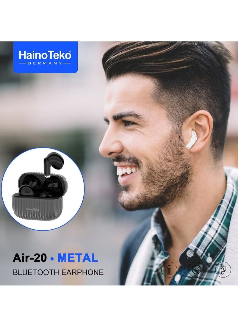 Air-20 Metal Bluetooth Earphones with High Bass Music Technology, Super Clear Microphone, Multifunctional Touch Control, Compatible with iPhones and iPads, Black, Wireless Earbuds for Music & Calls