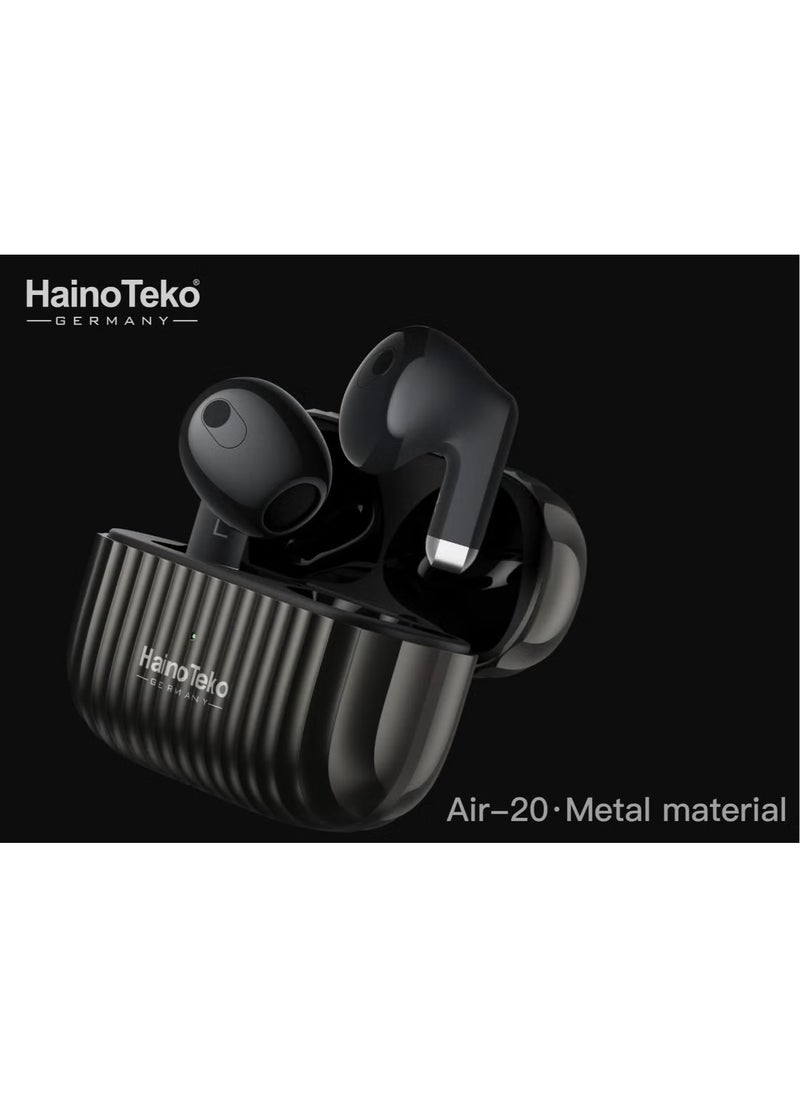 Air-20 Metal Bluetooth Earphones with High Bass Music Technology, Super Clear Microphone, Multifunctional Touch Control, Compatible with iPhones and iPads, Black, Wireless Earbuds for Music & Calls