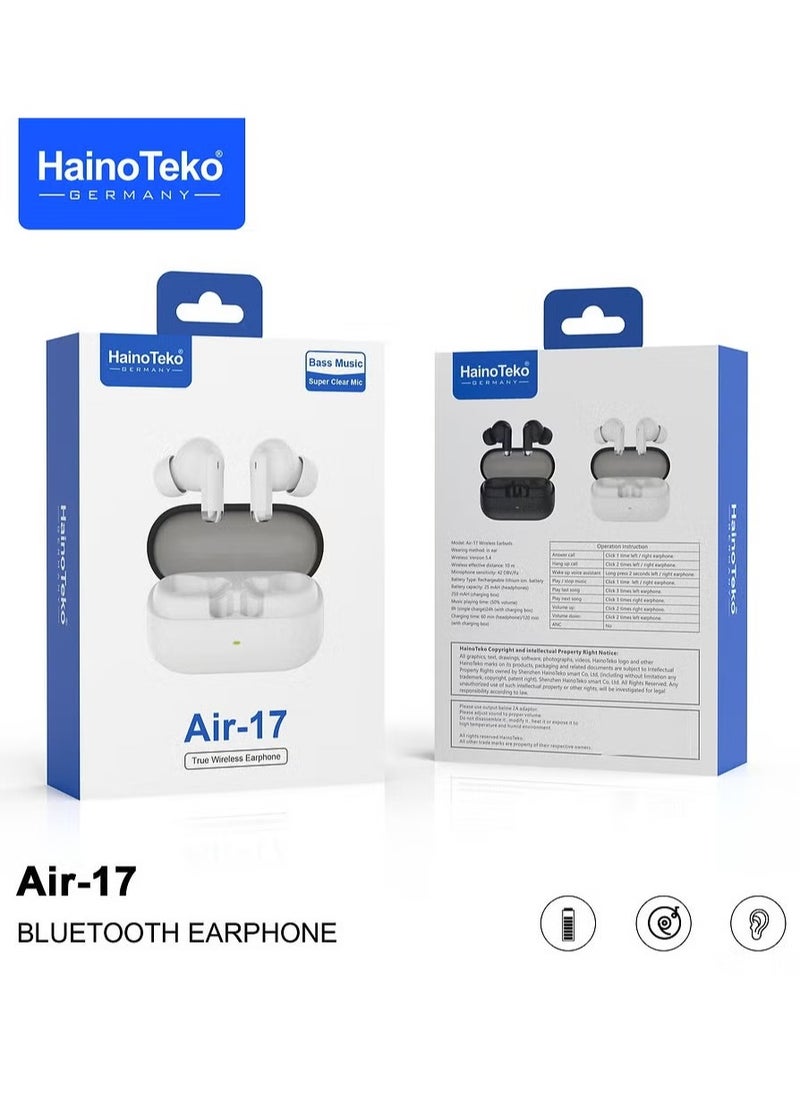 Air-17 True Wireless Earphones, Bass Music Technology, Super Clear Microphone, Bluetooth Connectivity, Designed for Android Mobiles and Tablets, White, Wireless Earbuds for Music & Calls