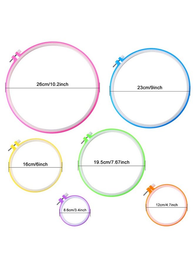 Caydo 6 Pieces Embroidery Hoops and 15 Needles, Plastic Circle Cross Stitch Hoop Ring Embroidery Circle Set, 3.4 inch to 10.4 inch (Multicolor)
