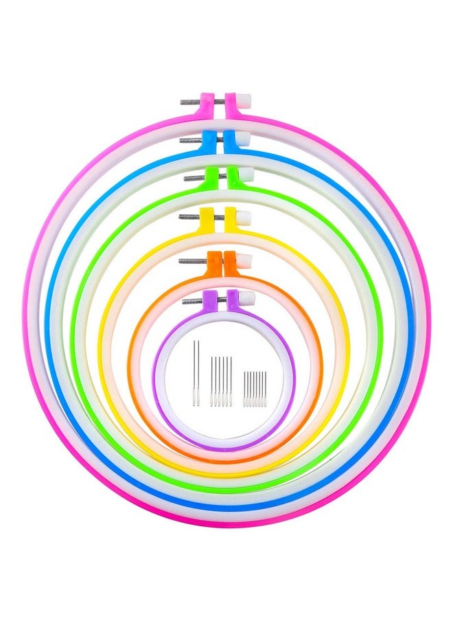 Caydo 6 Pieces Embroidery Hoops and 15 Needles, Plastic Circle Cross Stitch Hoop Ring Embroidery Circle Set, 3.4 inch to 10.4 inch (Multicolor)